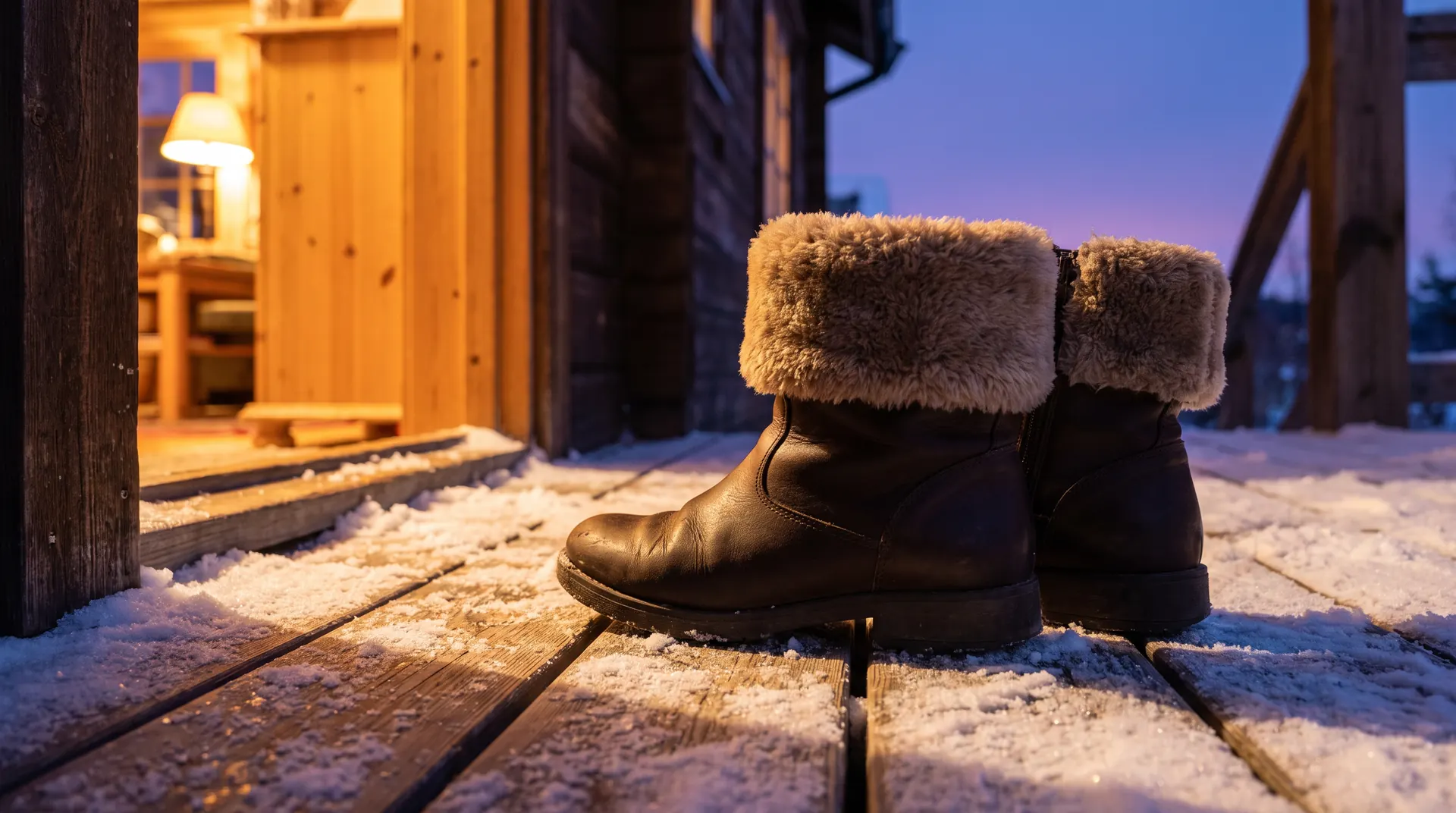 A pair of fur-cuffed winter boots on a snowy doorstep at dusk, warm light spilling from the doorway.